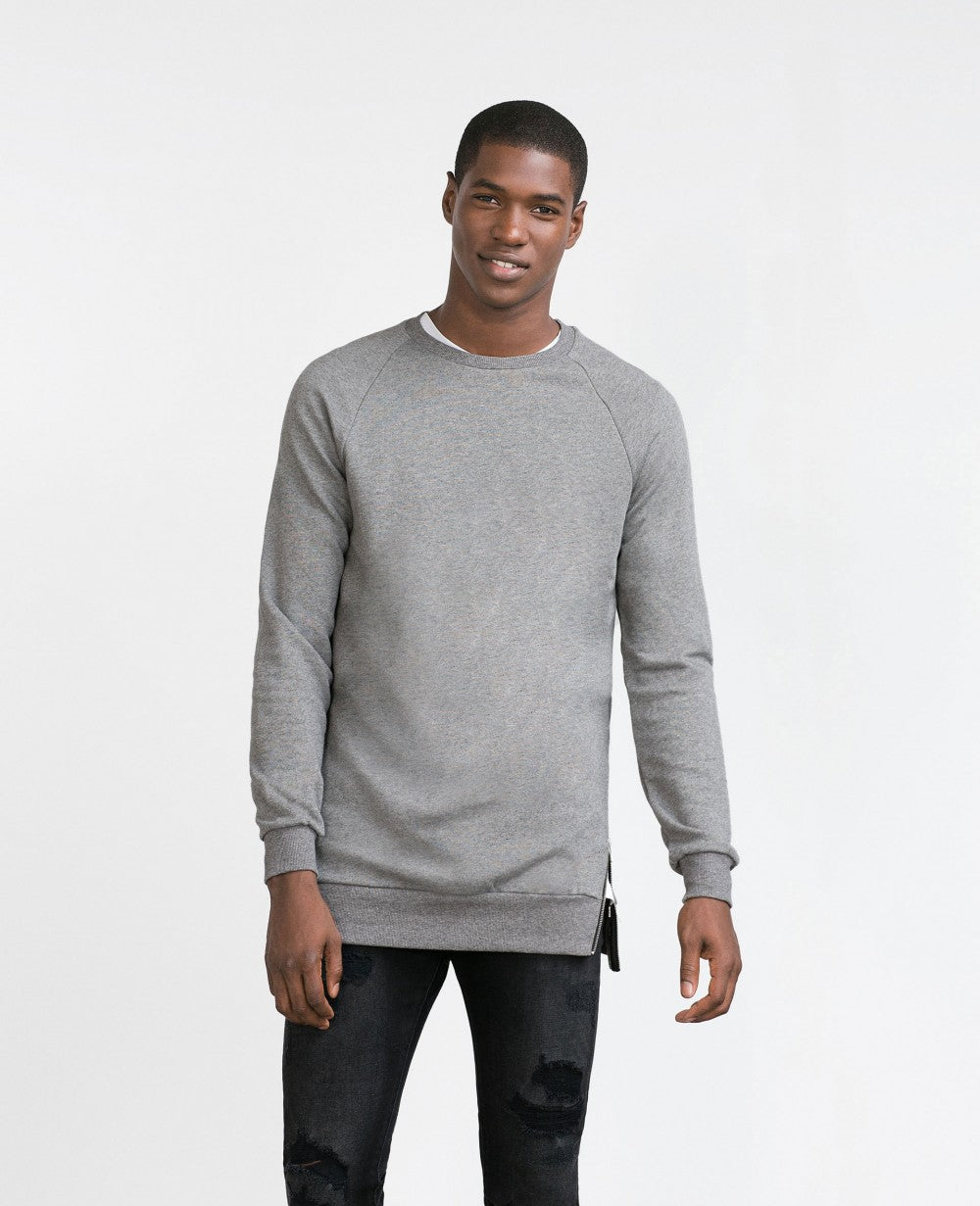 Grey Crewneck with Side Slits Metal Zippers