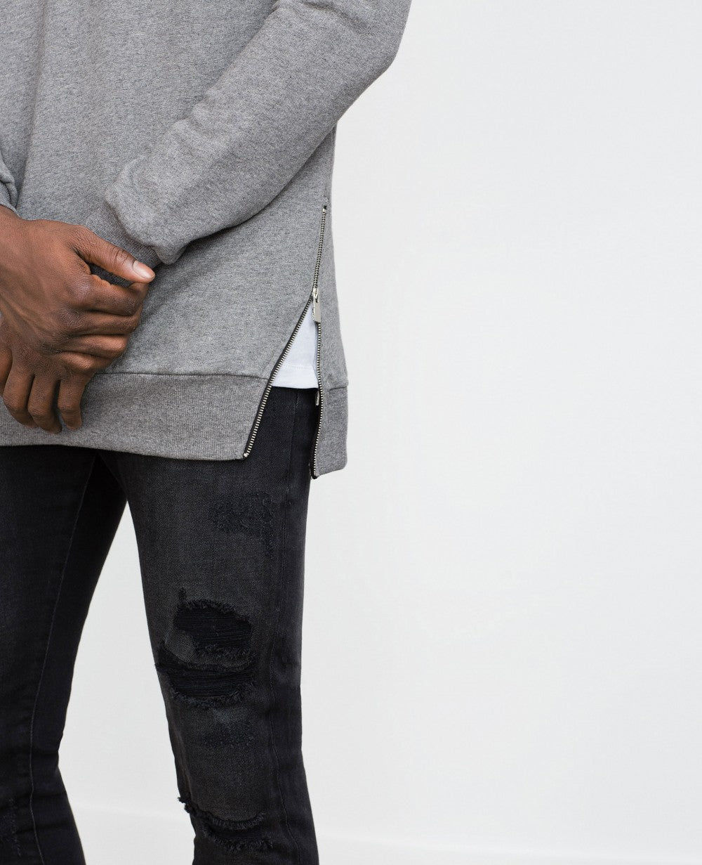 Grey Crewneck with Side Slits Metal Zippers